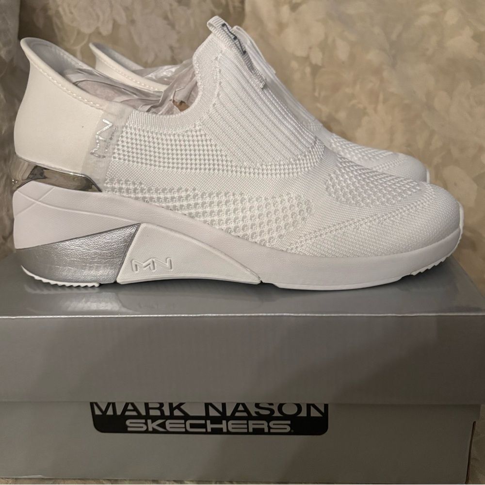Skechers White and Silver Women's Sneakers Slip-in Mark Nason Wedge - Picture 2 of 5